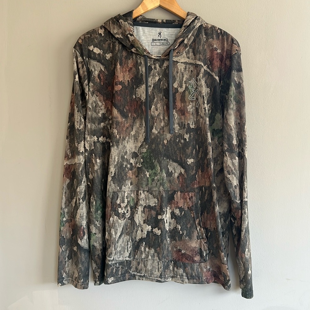 Browning Camouflage Long-sleeve  Drawstring Hooded T-Shirt Hell’s Canyon  EUC L